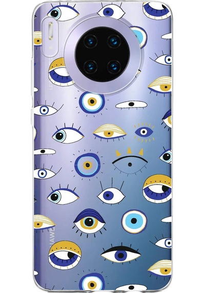 Huawei Mate 30 İle Uyumlu 1mm Slim Fit Nazar Boncuğu 2 Baskılı Şeffaf Kılıf Şeffaf