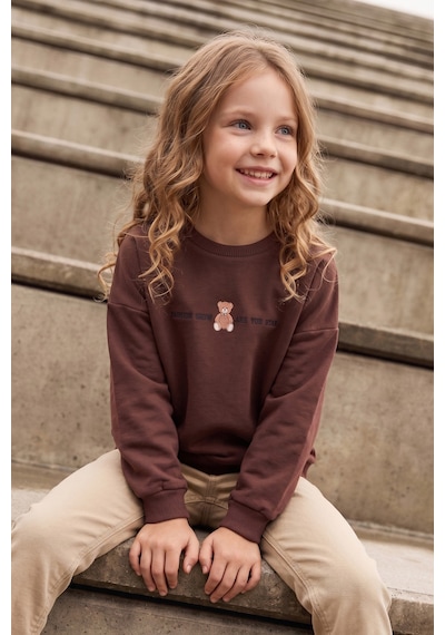 Fullamoda Ayıcık Baskılı Oversize Kız Çocuk Sweatshirt Kahve