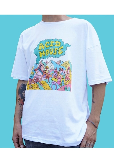 Acid House / Psychedelic Oversize Tişört Beyaz