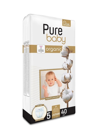 Pure Baby Organik Pamuklu Cırtlı Bez Tekli Paket 5 Numara Junior 40 Adet Tekli