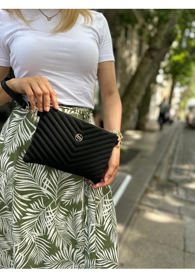 Sanmorris Kadın Siyah Renkli Saten Kumaş Ayarlanabilir Çapraz Ve El Askılı Portföy, Clutch Çanta Siyah