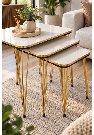 Sulorahome Gold Beyaz Zigon Sehpa Seti 3'lü Çift Kombin Beyaz - Altın