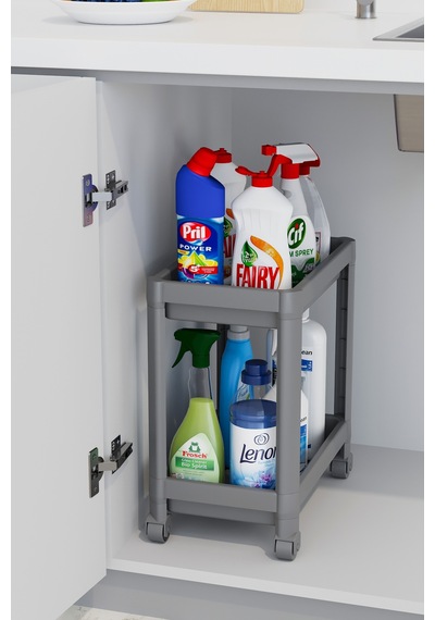 2 Katlı Tekerlekli Düzenleyici Raf , Banyo Dolabı, Mutfak Tezgah Ve Evye Altı, Deterjanlık Gri Plast Diğer
