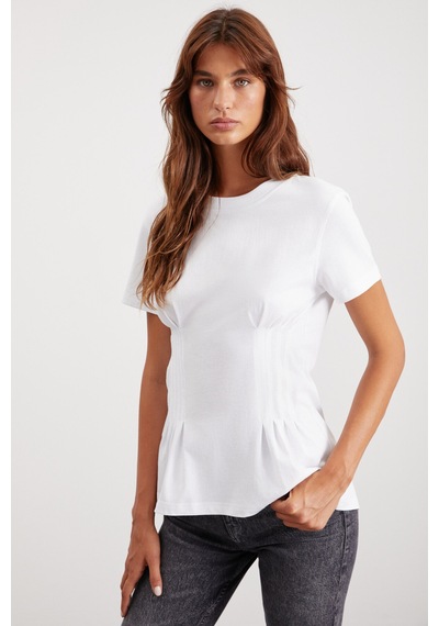 Grimelange Jessıa Kadın Bisiklet Yaka %100 Pamuk Korse Detaylı Beyaz T-shirt Grimelange Jessıa Kadın Bisiklet Yaka %100 Pamuk Korse Detaylı Beyaz T-shirt
