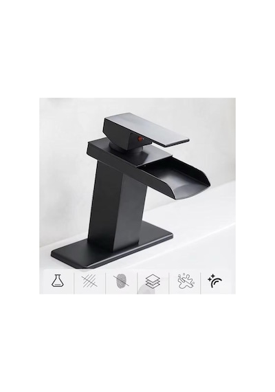 Rena Design Lavabo Bataryasi Mat Siyah Şelale Kare Gövde Eğimli Havza Banyo Armatür Çift Giriş Lüks Ergonamik