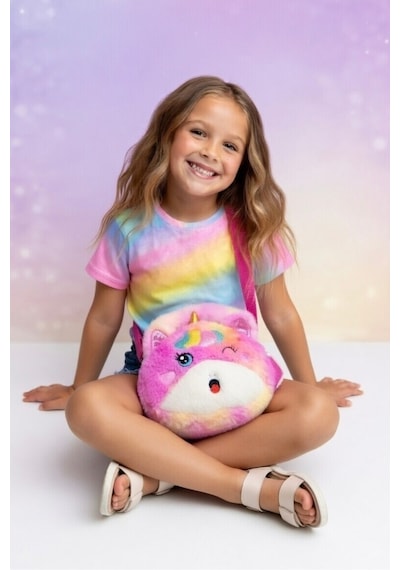 Mollycrush Kız Çocuk Renkli Peluş Çanta Unicorn Tasarımlı Ayarlanabilir Askılı Omuz Ve El Çantası Pembe