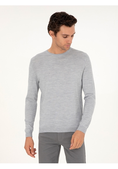 Cacharel Açık Gri Slim Fit Bisiklet Yaka Yün Karışımlı Basic Triko Kazak