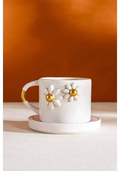 Rivaistanbul Gold Papatya Amore El Yapımı Seramik Double Kahve Fincanı Mug Kupa Krem