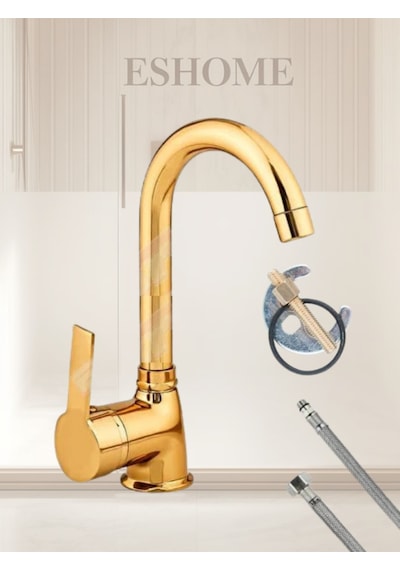 Gold Delta Lüx Tasarım Altın Renk Kaplamalı Banyo Lavabo Bataryası Musluğu Altın