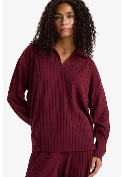 Defacto Relax Fit Polo Yaka Fitilli Kaşkorse Uzun Kollu Tişört F1007ax25aubr115 Bordo