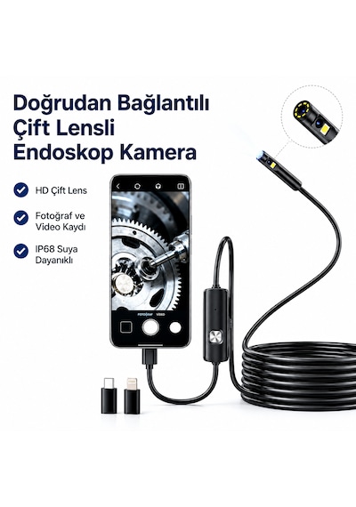 Ultratekno Ult105s 5m 10m Çift Kameralı 1440p Endoskop Yılan Kamera Ip68 8mm Sert Kablo İos Android