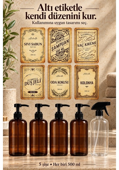 Alubrella 500 Ml 4 Amber Pompalı Ve 1 Şeffaf Sprey Boş Şişe Seti Ve Banyo Etiketleri