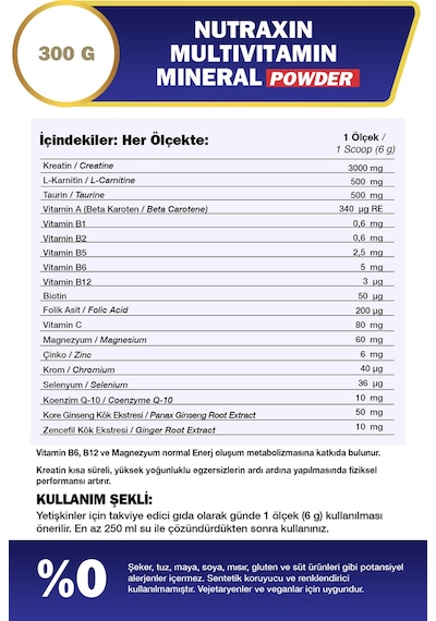 Nutraxin Multivitamin Mineral Powder 300 Gr Magnezyum, Taurin, Kreatin, L Carnitin, Ginseng, Co10, Energy