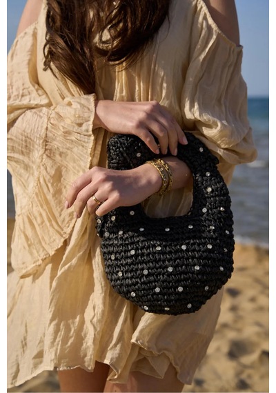 Yıldız Kristal Taşlı Siyah Örme Düğümlü Yarım Ay Silüetli Rustik Makrome Portföy Clutch Fermuarlı Astırlı Örgü Hasır Yazlık Tatil El Çantası Yıldız Kristal Taşlı Siyah Örme Düğümlü Yarım Ay Silüetli Rustik Makrome Portföy Clutch Fermuarlı Astırlı Örgü Hasır Yazlık Tatil El Çantası