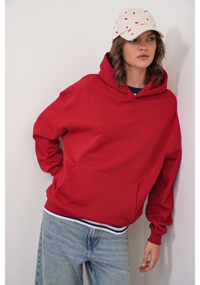 Mixray 2022 Unisex 3iplik Basic Polarlı Kapüşonlu Sweatshirt Hoodie Kırmızı Kırmızı