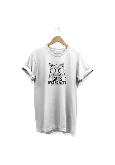 Cats Make Me Happy Baskılı Beyaz T-shirt Beyaz