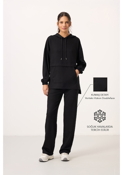 Siyah Yumuşak Dokulu Kapüşonlu Oversize Kadın Eşofman Tunik Takım - 95348 Siyah