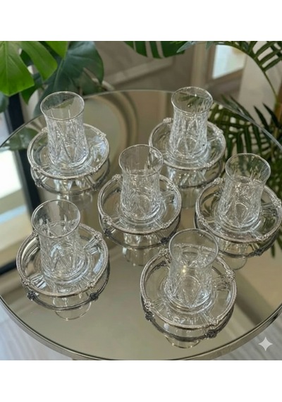 12 Parça 6 Kişilik Kristal Kesim Cam Çay Takımı Bardak Ve Tabak Seti Beyaz