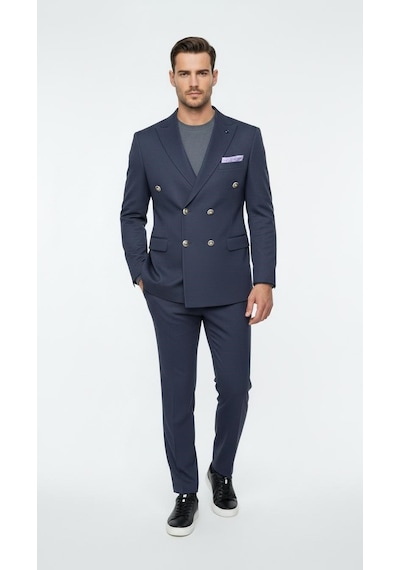 Erkek Kruvaze Gold Düğmeli Dokulu Likralı Kumaş Blazer Ceket Modern Kesim Şık Tasarım Lacivert
