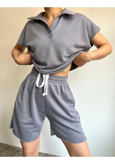 Mai Collection Mai Studios Co. Polo Yaka Duman Şort Takım Gri