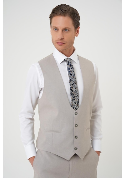 Efor Slim Fit Çift Yırtmaç Keten Karışımlı Yelekli Klasik Taş Takım Elbise Tk 914 Taş