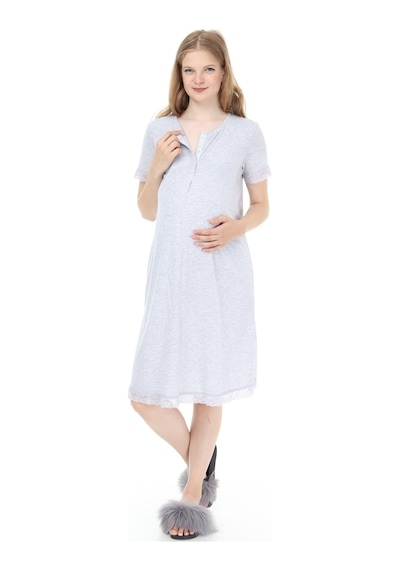 Luvmabelly Myra9590 Önden Çıt Çıtlı Dantelli Hamile Geceliği - Gri-gri
