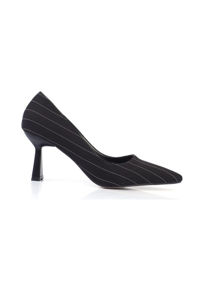 Shoetek Luana Kadın Stiletto Çizgili Kumaş Topuklu Ayakkabı Siyah Saten Siyah Saten