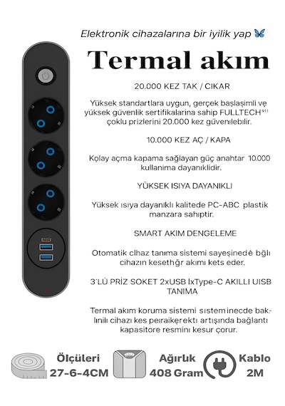 Ftr 2500w Termal Akım Korumalı 3 Lü Priz 2 Usb, 1 Type-c, Sigortalı Çoklayıcı, 2 M Kablo 0.2 M