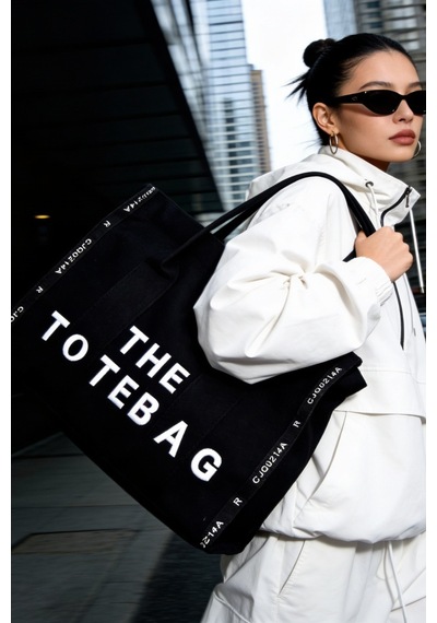 Ents Siyah Kadın Kanvas Tote Bag Günlük Omuz Çantası Büyük Boy Siyah - Beyaz