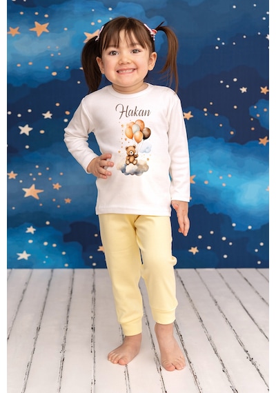 Pia Baby İsme Özel Erkek Çocuk Pijama Takımı %100 Pamuk Penye İsim Baskılı Kişiye Özel Çocuk Pijaması 10675s14pi Krem
