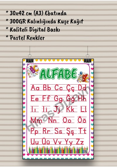 Alfabe Afişi Eğitici Çocuk Posteri Okul Öncesi İlkokul Sınıf Duvar Panosu Öğretmen Materyali 30x42cm A3 Kalın Kuşe Kağıt