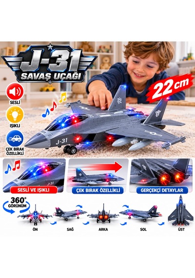 Oyuncak Uçak Fighter Power J31 Gri Renkli Sesli-ışıklı Metal Gövde Çek-bırak Askeri 21 Cm