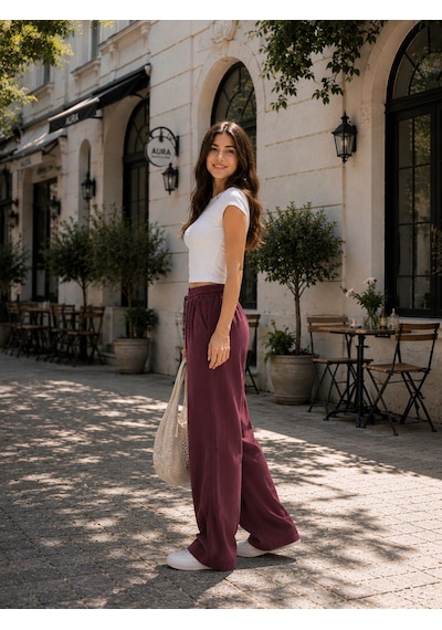 Esra Butik78 Yazlık Pantolon Mürdüm & Haki Renk Rahat Kalıp Kadın Pantolon