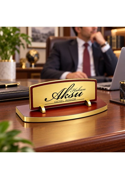 Bk Gift Kişiye Özel Ahşap Masa İsimliği Gold Plakalı Bk27 -2 Çok Renkli