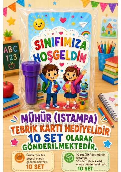 10 Adet Okula Yeni Başlayan Öğrencilere Sınıfımıza Hoşgeldin Yazılı Hediye Seti 1.sınıf-hatırası Mühür Istampa Tebrik Kartı Hediyeli