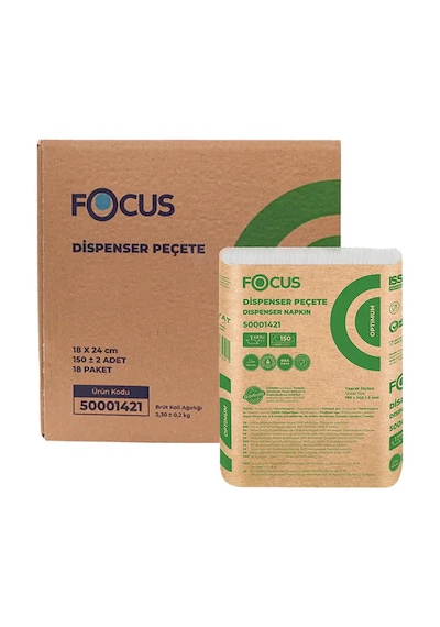 Focus Dispenser Peçete, Masaüstü Peçete, 18x24 Cm 18 Paket X 150 Adet Kolide Toplam 2700 Peçete