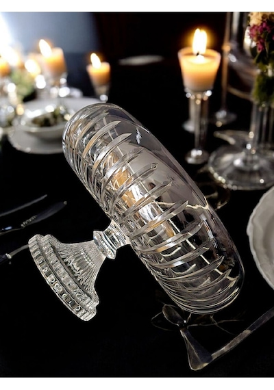 Kesme Kristal Yuvarlak Ayaklı Sunumluk Kase 24 Cm Salata Sunum Kasesi