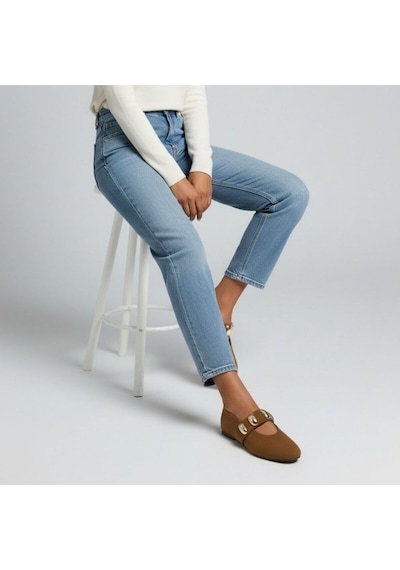 Ne&ve Shoes Taba Süet Hakiki Deri Gold Aksesuar Detaylı Lastikli Kadın Şık Ve Rahat Babet