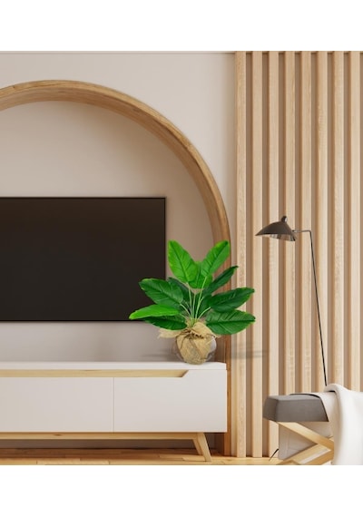 Yapay Çiçek Keten Hasır Saksıda Yeşil Muz Yapraklı 12dal 50cm Salon Çiçeği Yapay Bitki