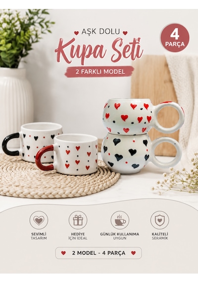El Işlemeli 4 Parça Sevgi Kupası - Kalpli Kupa - Evli Ve Sevgili Mutluluk Kupası - Tamamen El Işciliği Hediyelik. Diğer