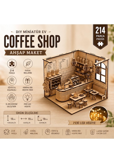Algwooddesign Coffee Shop Ahşap Maket, 214 Parça Dıy Minyatür Kafe Modeli, Led Işıklı Mdf 3d Puzzle, Hobi Ve Dekorasyon Seti, 19x19x19 Cm