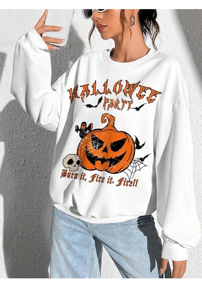 Startmore Coolane Halloween Print Drop Shoulder Oversize Sweatshirt Beyaz Beyaz