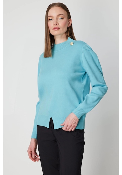 On Fashion Kadın Düğmeli Omuz Detaylı Turkuaz Kazak 65331 Turkuaz