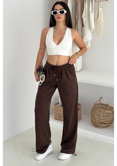 Noa & Noa Kadın Yüksek Bel Geniş Paça Bağcıklı Sweatpant Urban Ease Kahverengi