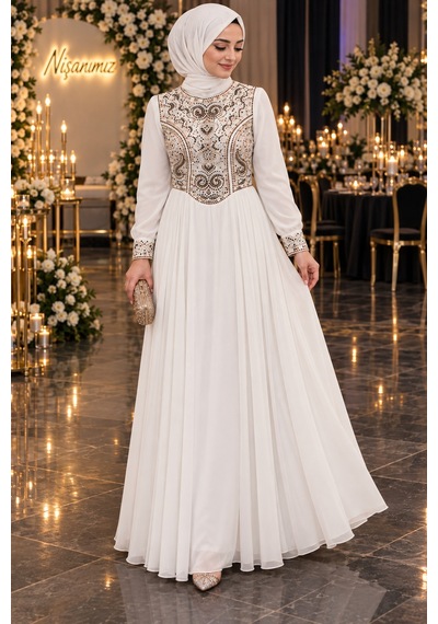 Gül&can Butik İşlemeli Tesettür Nişan Elbisesi Zarif & Şık Tasarım Beyaz