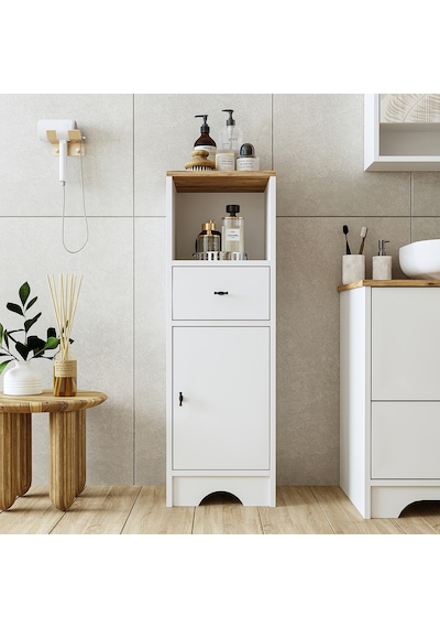 Banyo Dolabı Mdf 107 X 35 Cm Çekmeceli Banyo Boy Dolabı Mat Beyaz Atlantik Çam - Beyaz