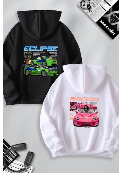 Macklin Sevgili Çift Kombin Hızlı Ve Öfkeli Eclipse Ve S2000 Sırt Baskılı Kapüşonlu Sweatshirt 2li Set Takım Siyah Beyaz Mck1238 Çok Renkli