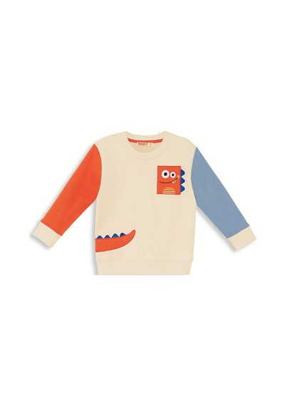 Denokids Erkek Çocuk Kışlık Dinozor Desenli Bej Uzun Kollu 2 Parça Eşofman Takımı 2-7 Yaş