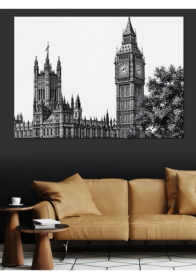 Siyah Beyaz Londra Big Ben Şehir Manzarası Dekoratif Kanvas - Mdf Ahşap Tablo