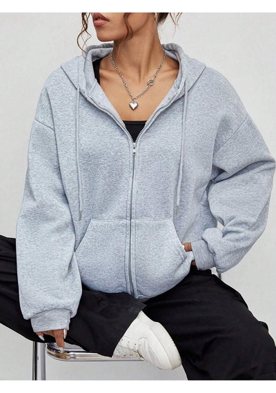 Baskısız Fermuarlı Hırka Sweatshirt - Gri Oversize Kışlık Kalın Kapüşonlu Gri